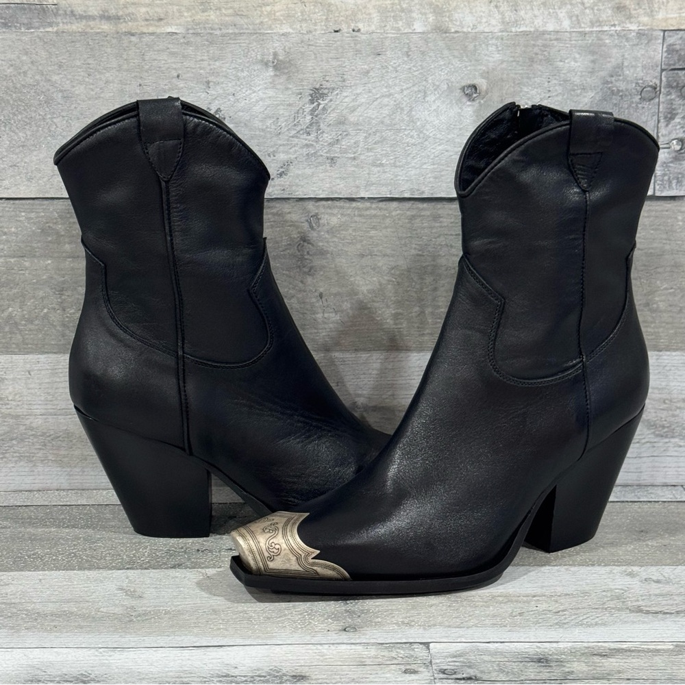 Free People Brayden Western Cowboy Boot - Black Leather Metal Toe - Black Sz-10